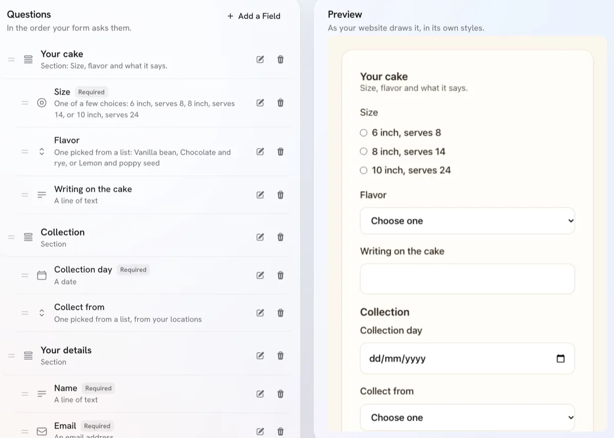 A cake order form on the Forms page, its questions grouped in sections beside a preview in the website's own style