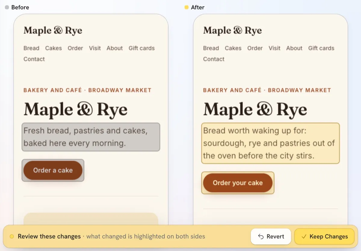 A bakery's home page before and after the Hand rewrote it, side by side, with the changed words highlighted and buttons to revert or keep the changes