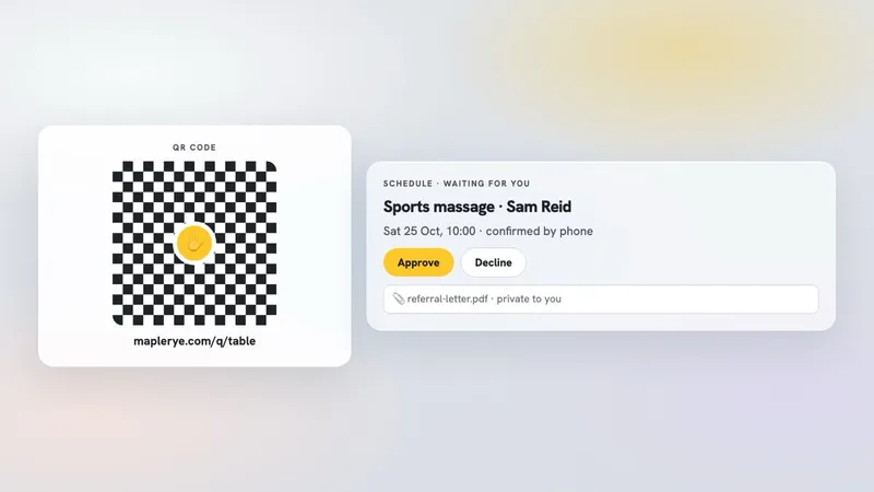 A QR code with a logo in the middle, next to a booking waiting for approval