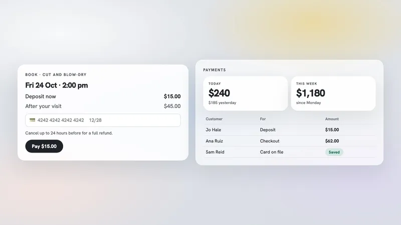 A booking asking for a deposit before the visit, next to the Payments page with today's and this week's takings